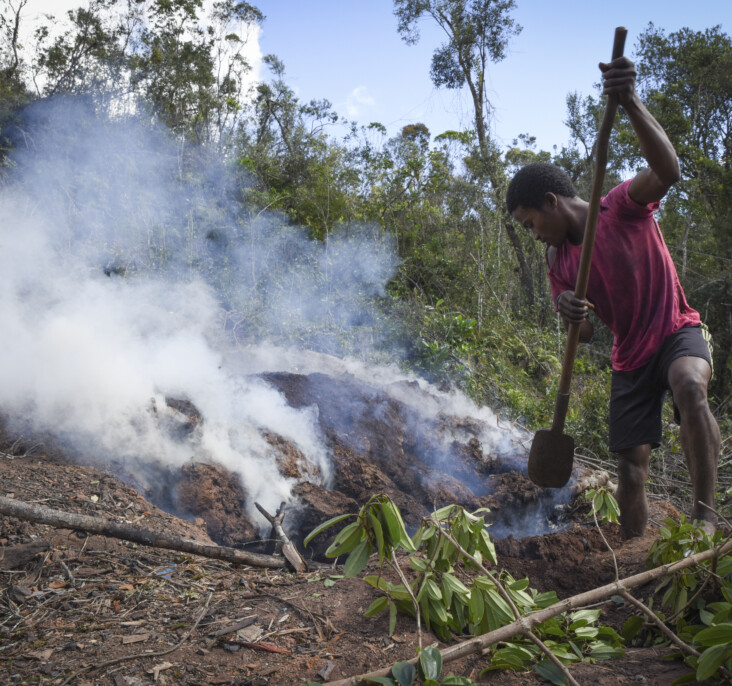 A young man digs and throws dirt on a pile of burning wood. This process is used to create charcoal, a high-demand source of heat for cooking in rural parts of Madagascar. Areas surrounding Ranomafana National Park are suffering massive deforestation to create charcoal. Photo by Mark Metzger/CRS.