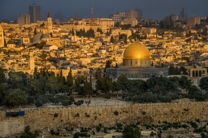 Scenes from old city of Jerusalem. Dome of the Rock, and the wall around old Jerusalem.