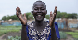 Atoch Mawut Lat, 36, gestures on the farm of a vegetable producer group in Malou village, Bor county, Jonglei State, South Sudan, April 9, 2019.